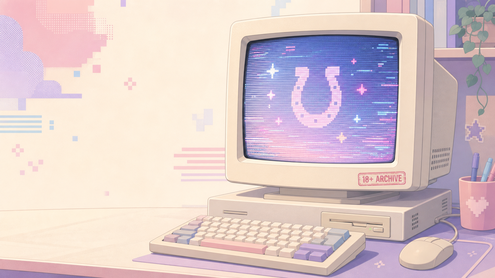Pastel retro computer archive illustration with an 18 plus archive stamp