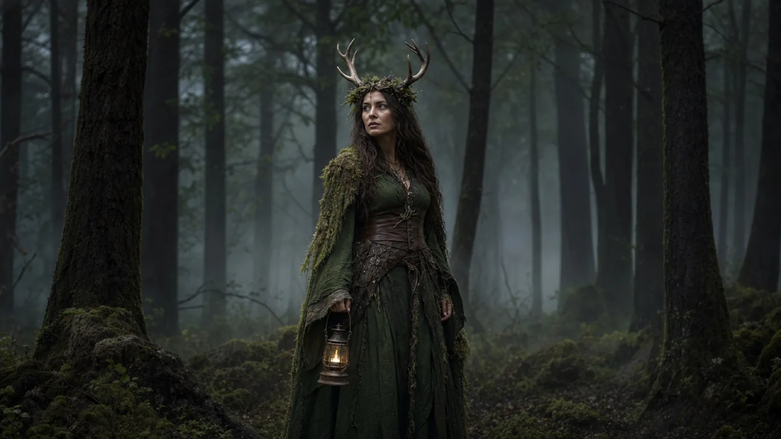 Fictional adult in a moss-green forest witch costume with an antler crown and a lantern in a foggy woodland