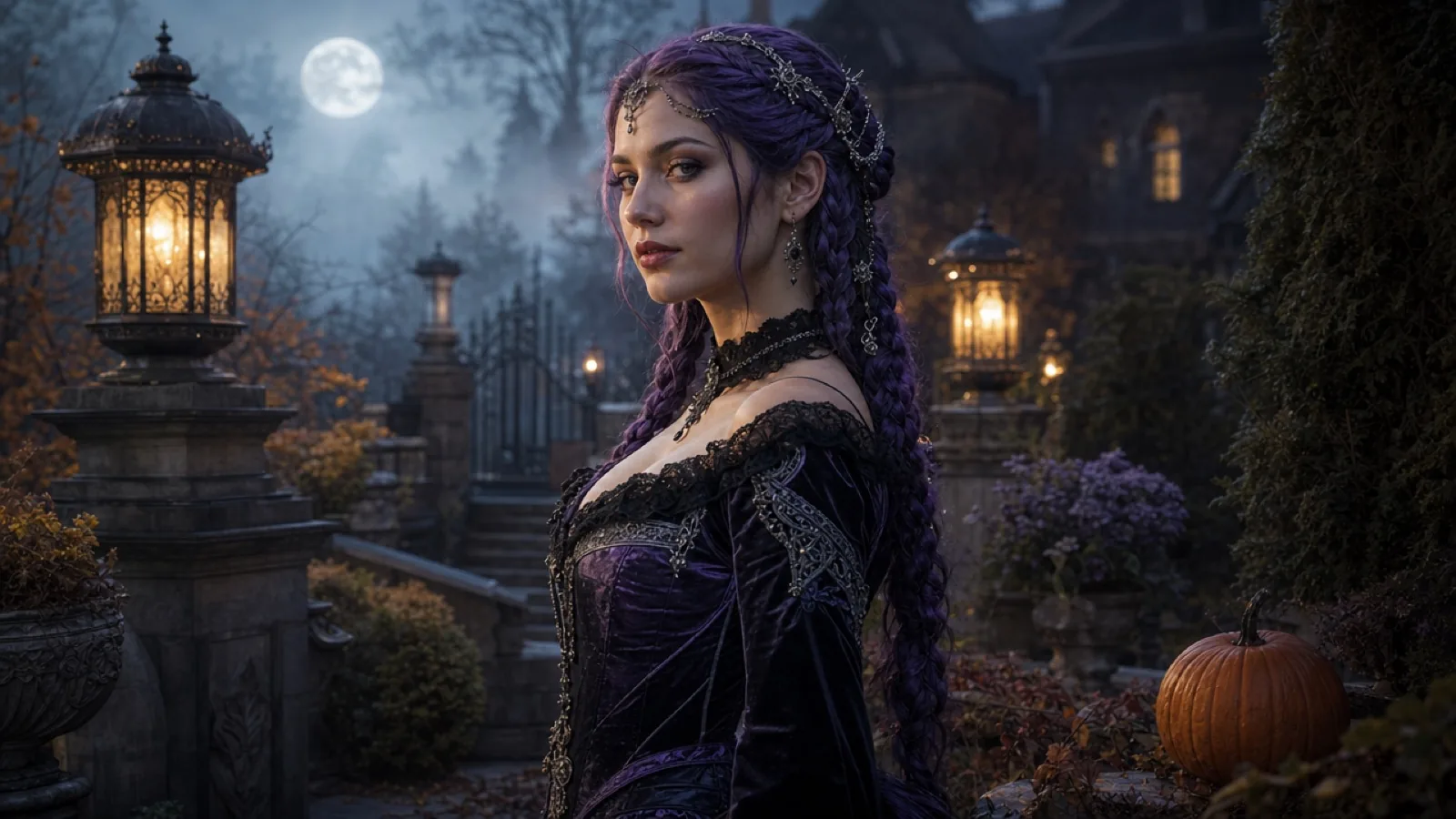 Fictional adult with long violet braids, silver hair accessories and a black velvet gothic costume in a moonlit garden